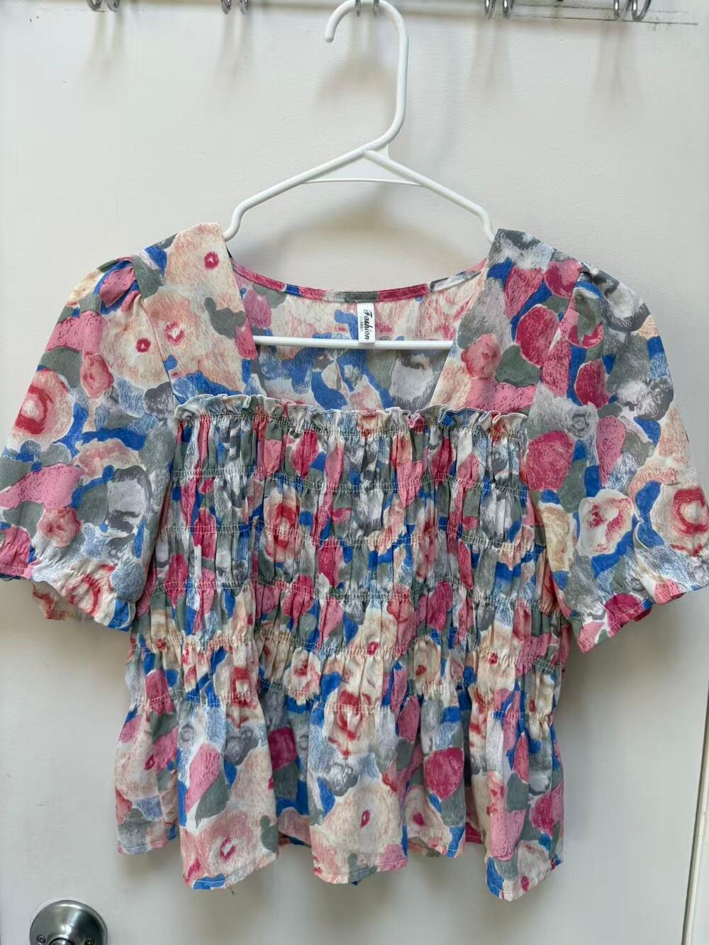 Women Floral Smocked Top Square Neck Puff Sleeve Ruffle Cottagecore Blouse XS